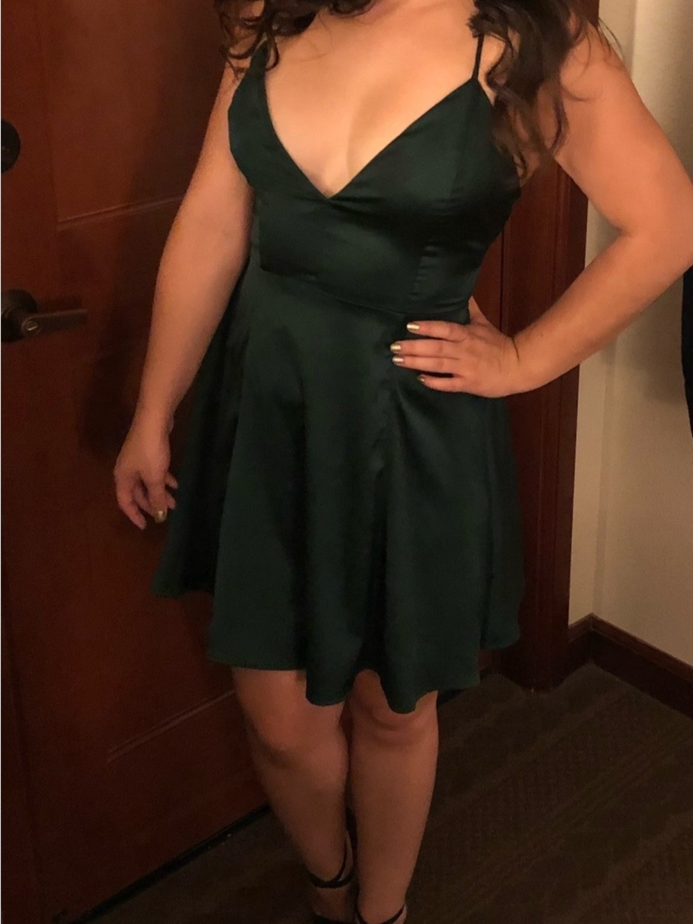 Windsor Emerald Green Satin V-Neck Skater Dress
